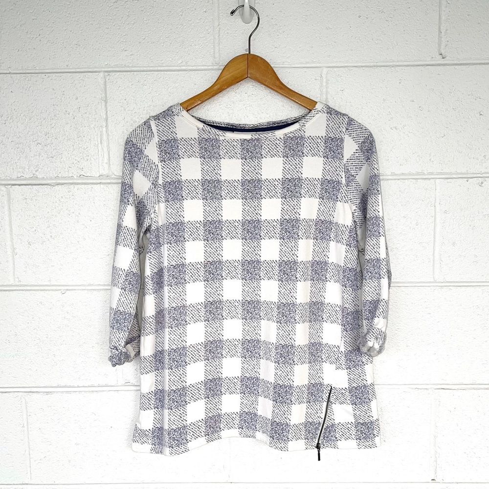 J. Jill Buffalo Checkered Blue & White Side Accent Zipper 3/4 Sleeve Knit Top